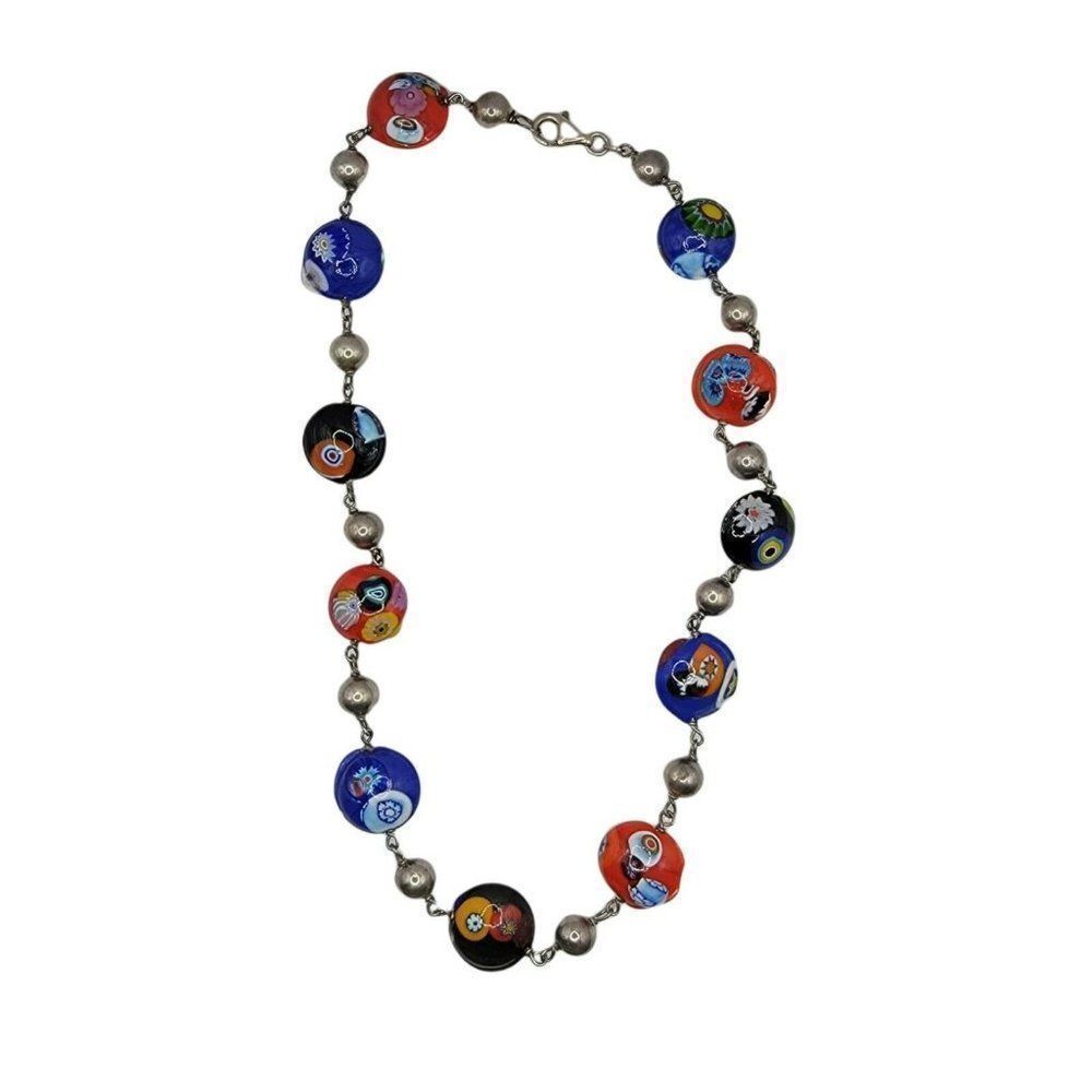 Vtg Han Italy Sterling Pearl Lampwork Glass Bead Necklace Red Millefiori Murano
